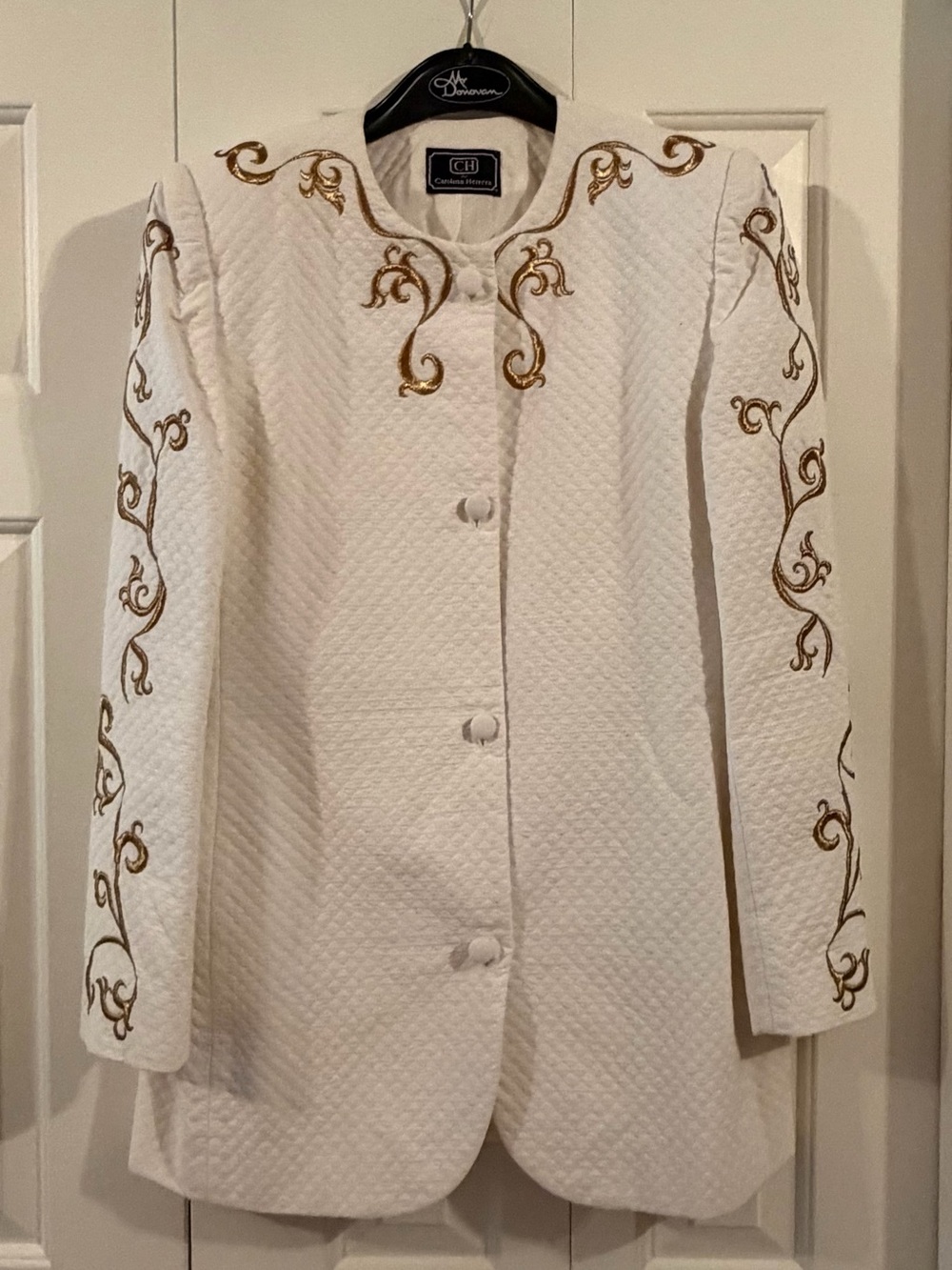 Carolina Herrera White Jacket and skirt with Gold Embroidered Detail